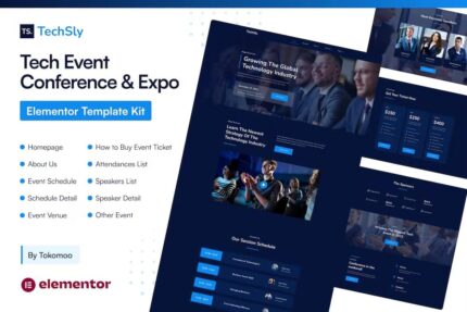 TechSly – Kit de modelo de conferência de evento de tecnologia e Expo Elementor Pro